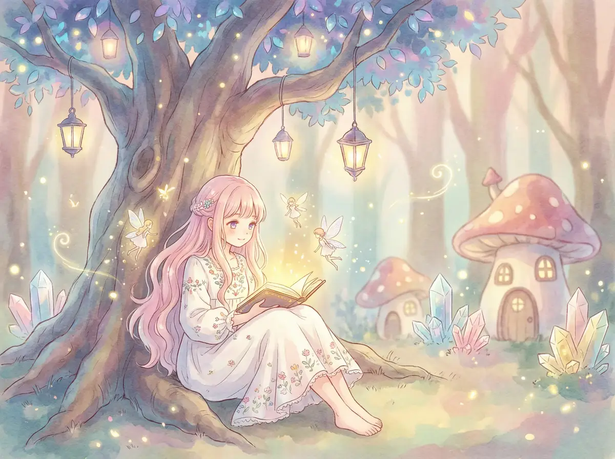 kyonyu - 魔法森林中阅读故事书的粉发少女与精灵
